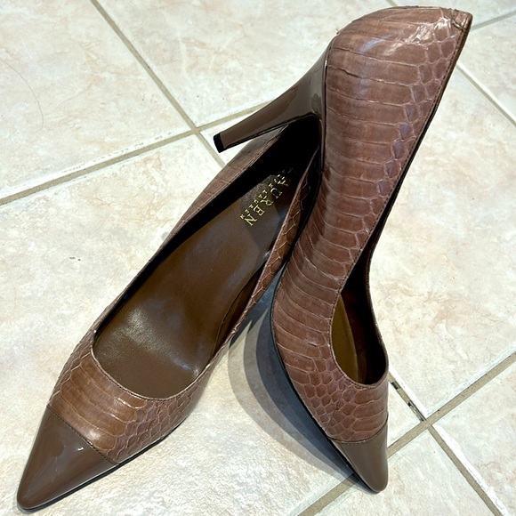 NWOT RALPH LAUREN s11 taupe snakeskin pumps-4”heel-patent toe cap-very elegant! - Picture 6 of 10